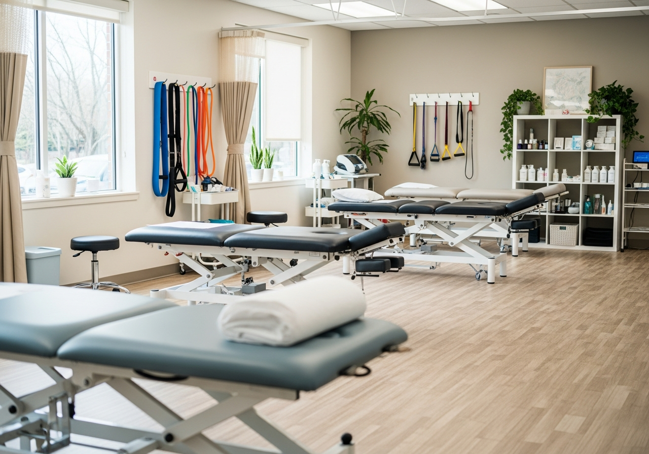 Bright, modern clinic interior with treatment tables, wellness equipment, and soft lighting designed for patient comfort and healing.