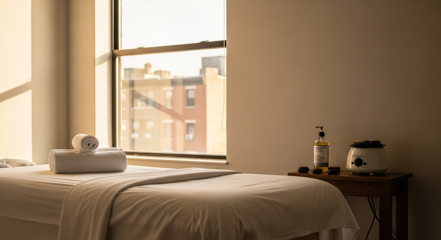 Massage therapist providing therapeutic treatment in calm wellness clinic setting