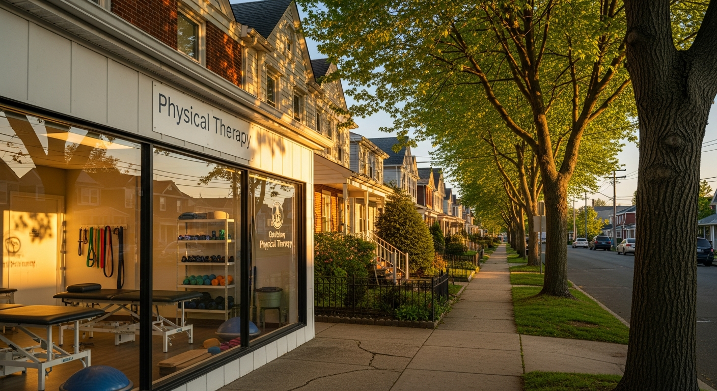 Residential street in Edison, NJ with tree-lined sidewalks and mixed single-family and multi-unit homes.