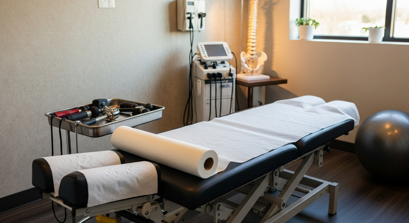 A chiropractor performing a spinal adjustment on a patient lying on a treatment table inside a clean clinic in Edison, NJ. The setting shows a professional chiropractic office with neutral tones and medical equipment visible in the background.