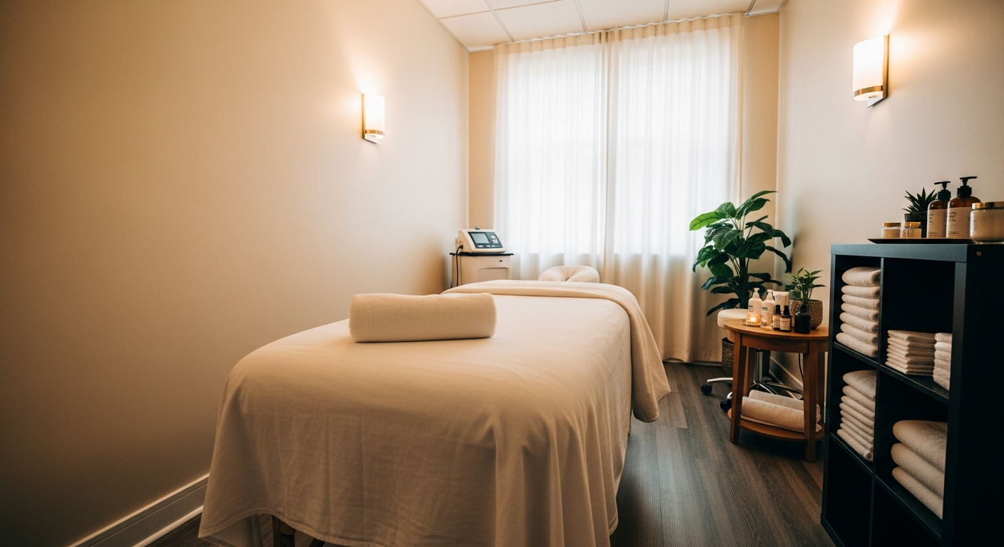 A licensed massage therapist applying deep tissue technique to a client's upper back and shoulders in a clean, softly lit treatment room at Wellness Revive Clinic in Edison, NJ. The client lies face-down on a padded table while the therapist works on visible areas of muscle tension.