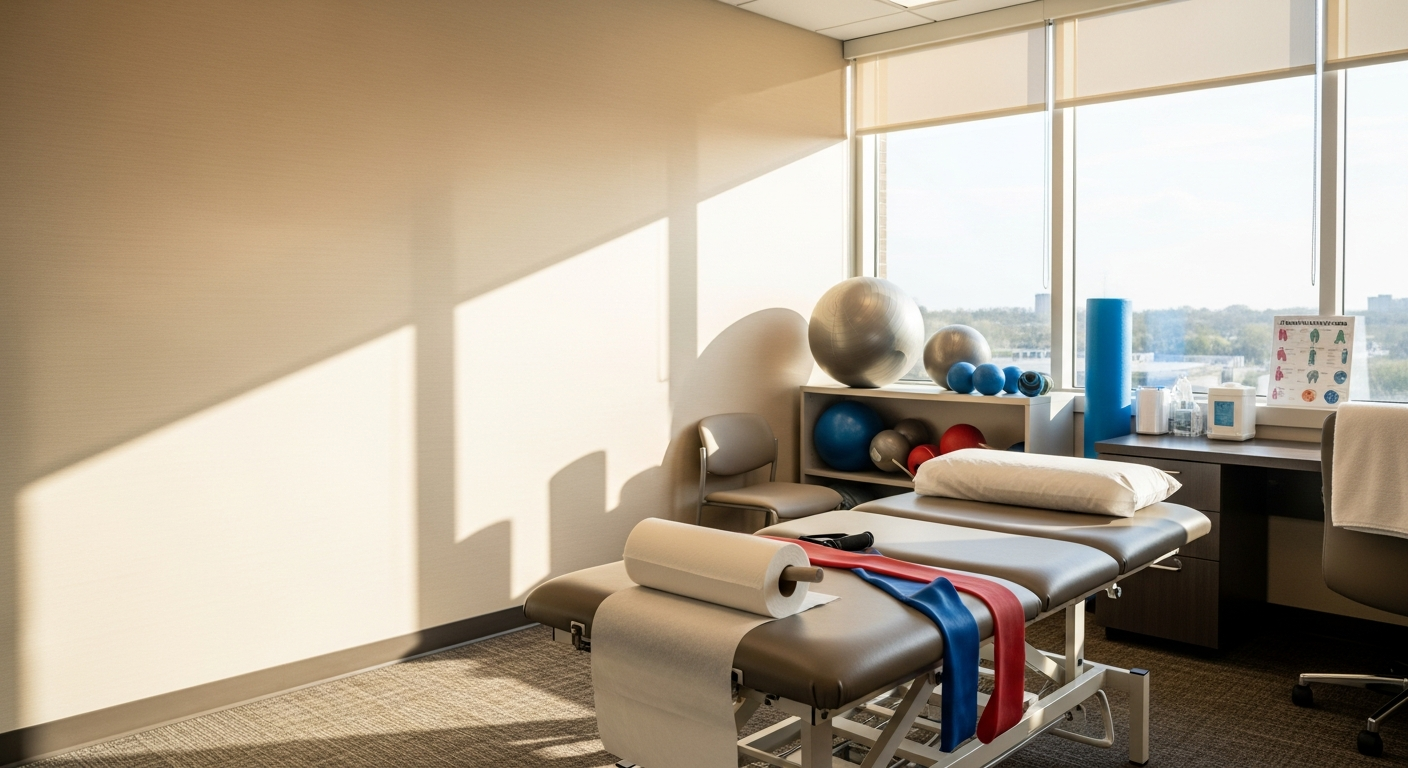 A licensed physical therapist guiding a patient through a knee rehabilitation exercise in a clinical treatment room in Edison, NJ. The patient is seated on a treatment table performing a controlled leg extension with therapist support.